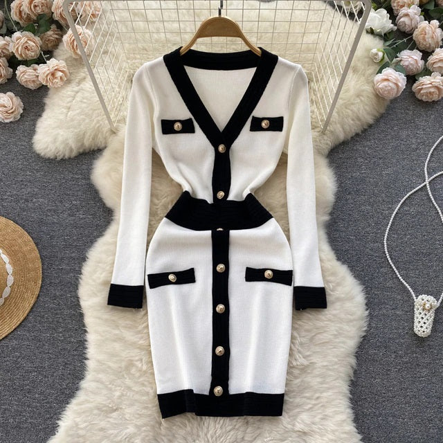 Elegant Long Sleeves V Neck Slim Casual Dress