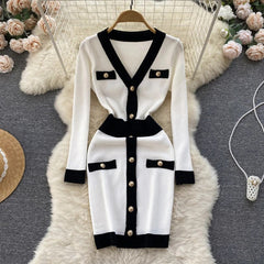 Elegant Long Sleeves V Neck Slim Casual Dress