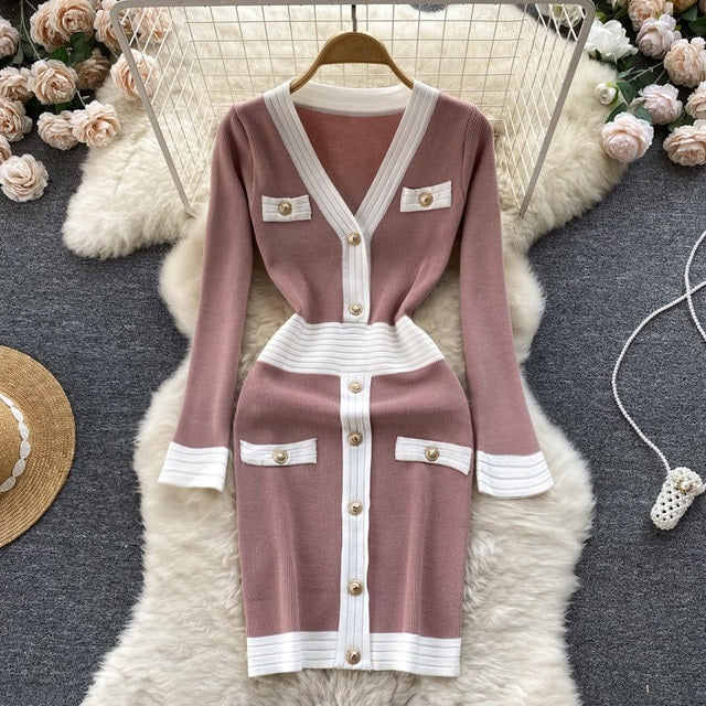 Elegant Long Sleeves V Neck Slim Casual Dress