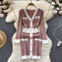 Elegant Long Sleeves V Neck Slim Casual Dress