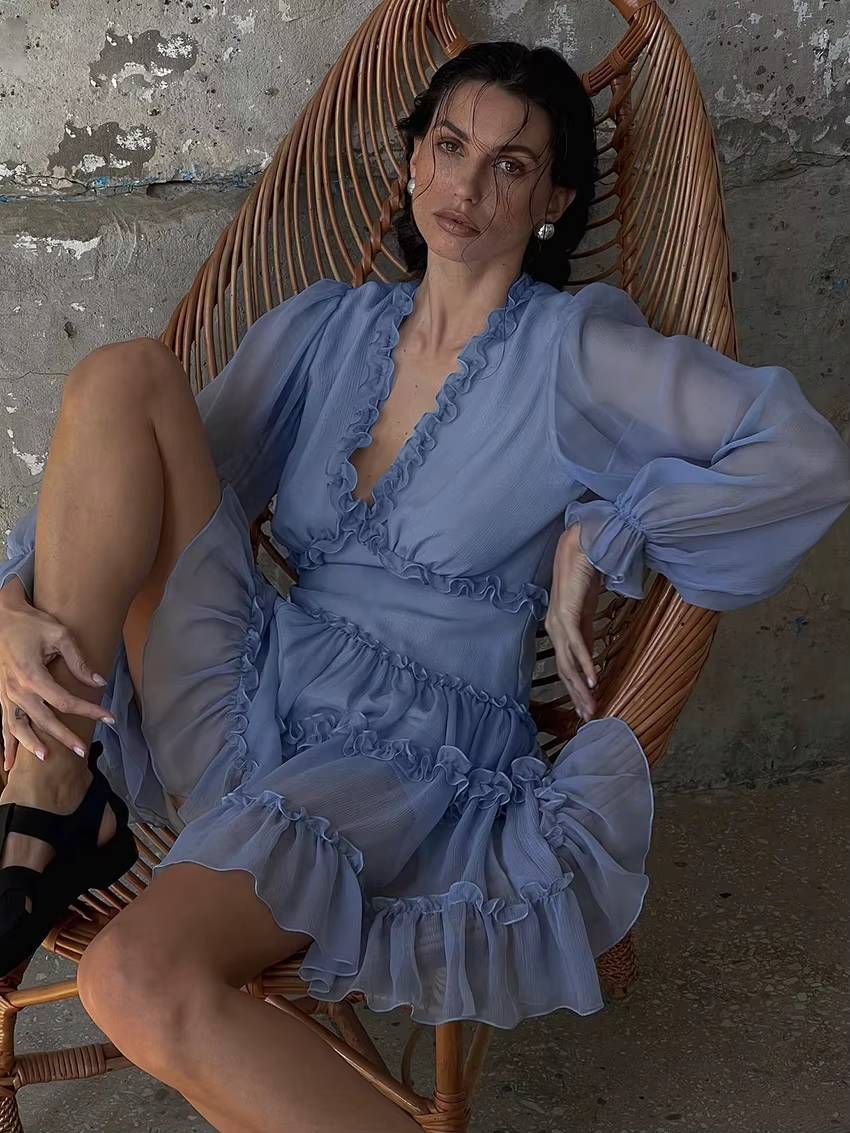 Elegant Loose High Waist Ruffle V-Neck Long Sleeve Mini Dress