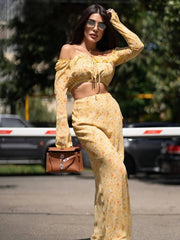 Elegant Loose Print Long Sleeve Crop Top With High Waist Maxi Skirt Set