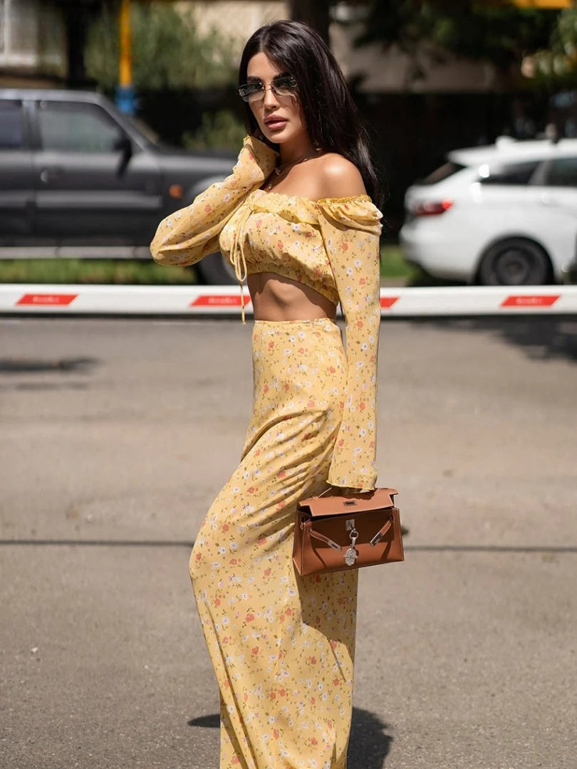 Elegant Loose Print Long Sleeve Crop Top With High Waist Maxi Skirt Set