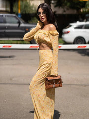 Elegant Loose Print Long Sleeve Crop Top With High Waist Maxi Skirt Set