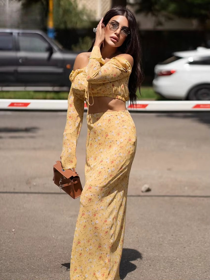 Elegant Loose Print Long Sleeve Crop Top With High Waist Maxi Skirt Set