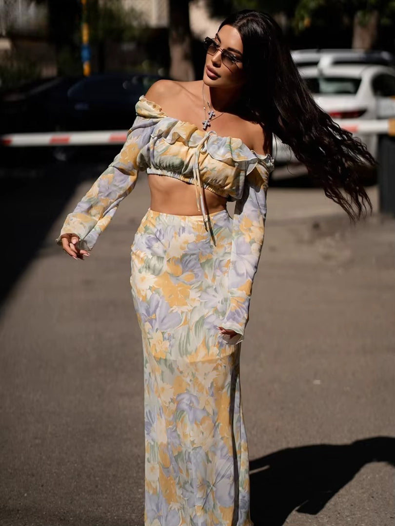 Elegant Loose Print Long Sleeve Crop Top With High Waist Maxi Skirt Two Pieces Set