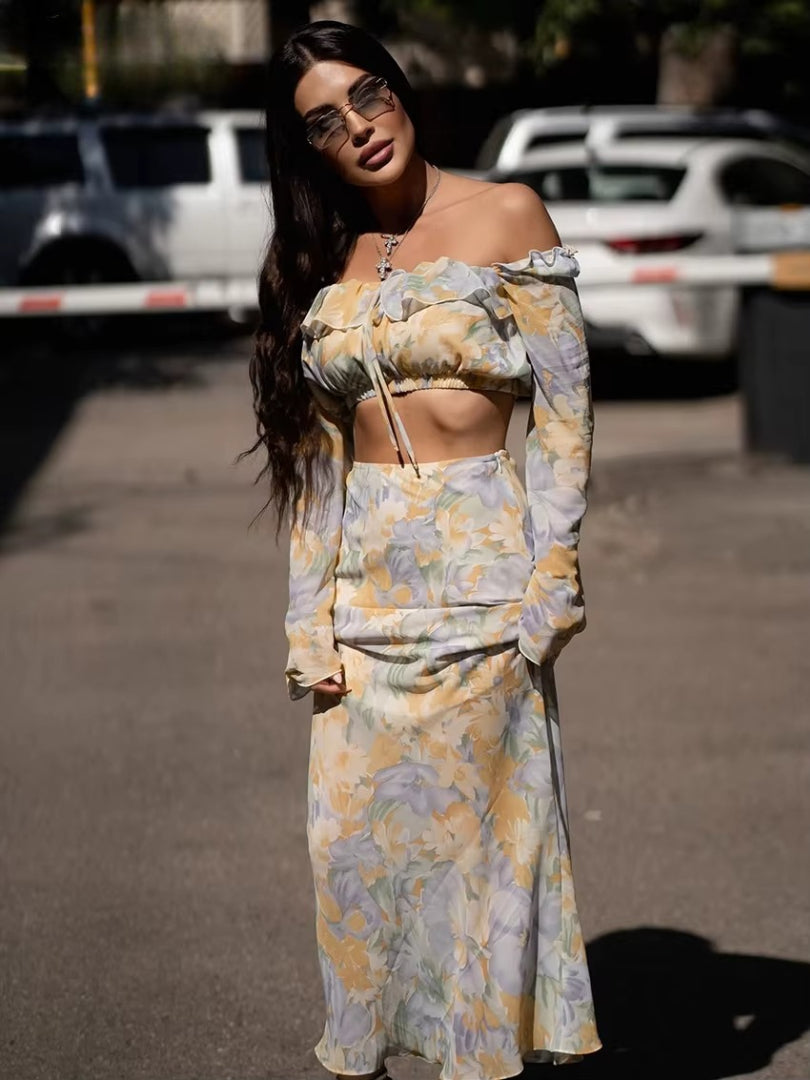 Elegant Loose Print Long Sleeve Crop Top With High Waist Maxi Skirt Two Pieces Set