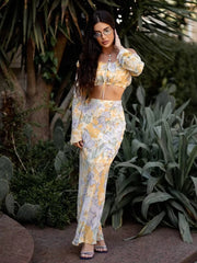 Elegant Loose Print Long Sleeve Crop Top With High Waist Maxi Skirt Two Pieces Set