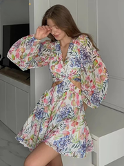 Elegant Loose Print V-Neck Classic Hollow Out Long Sleeve Mini Dresses