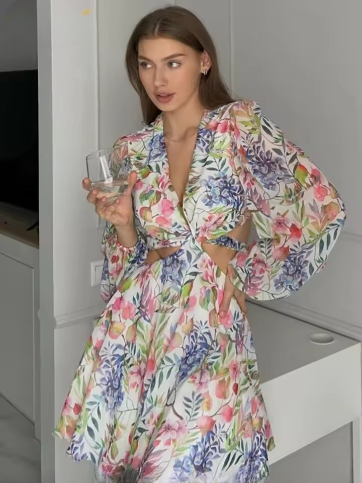 Elegant Loose Print V-Neck Classic Hollow Out Long Sleeve Mini Dresses