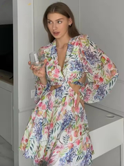 Elegant Loose Print V-Neck Classic Hollow Out Long Sleeve Mini Dresses
