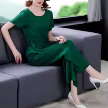 Elegant Loose Short-sleeved Artificial Cotton Cropped Cotton Silk Suit