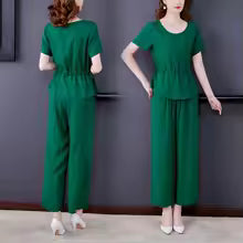 Elegant Loose Short-sleeved Artificial Cotton Cropped Cotton Silk Suit