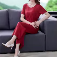 Elegant Loose Short-sleeved Artificial Cotton Cropped Cotton Silk Suit