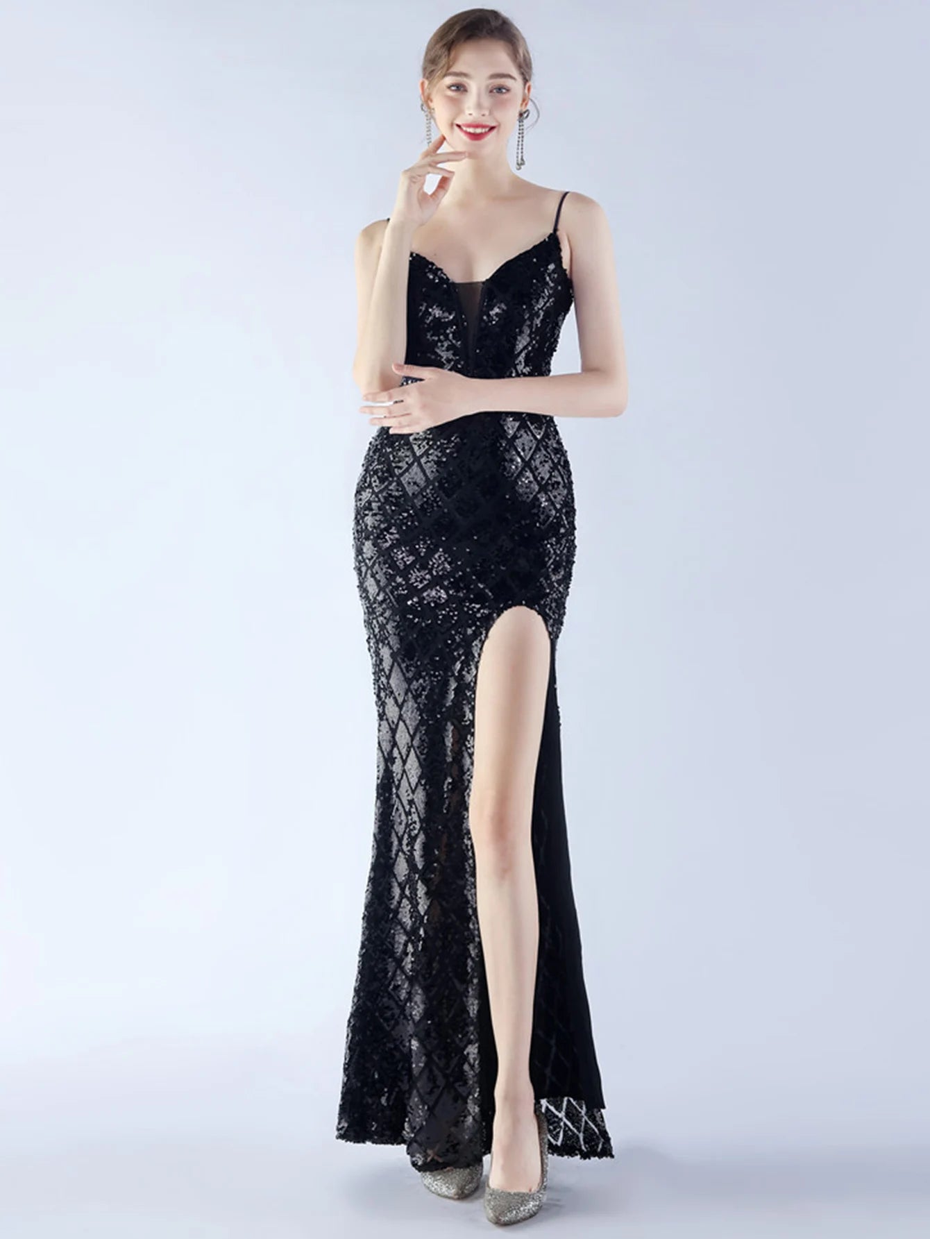 Elegant Luxury Backless Sequin Bodycon Party Prom Long Maxi Dress