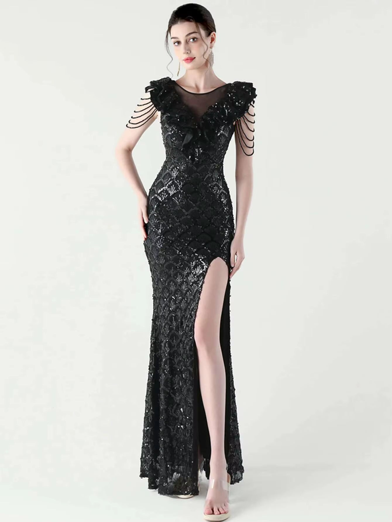 Luxury Solid Backless V-Neck Sequin zipper Party sleeveless Long Maxi Dresses