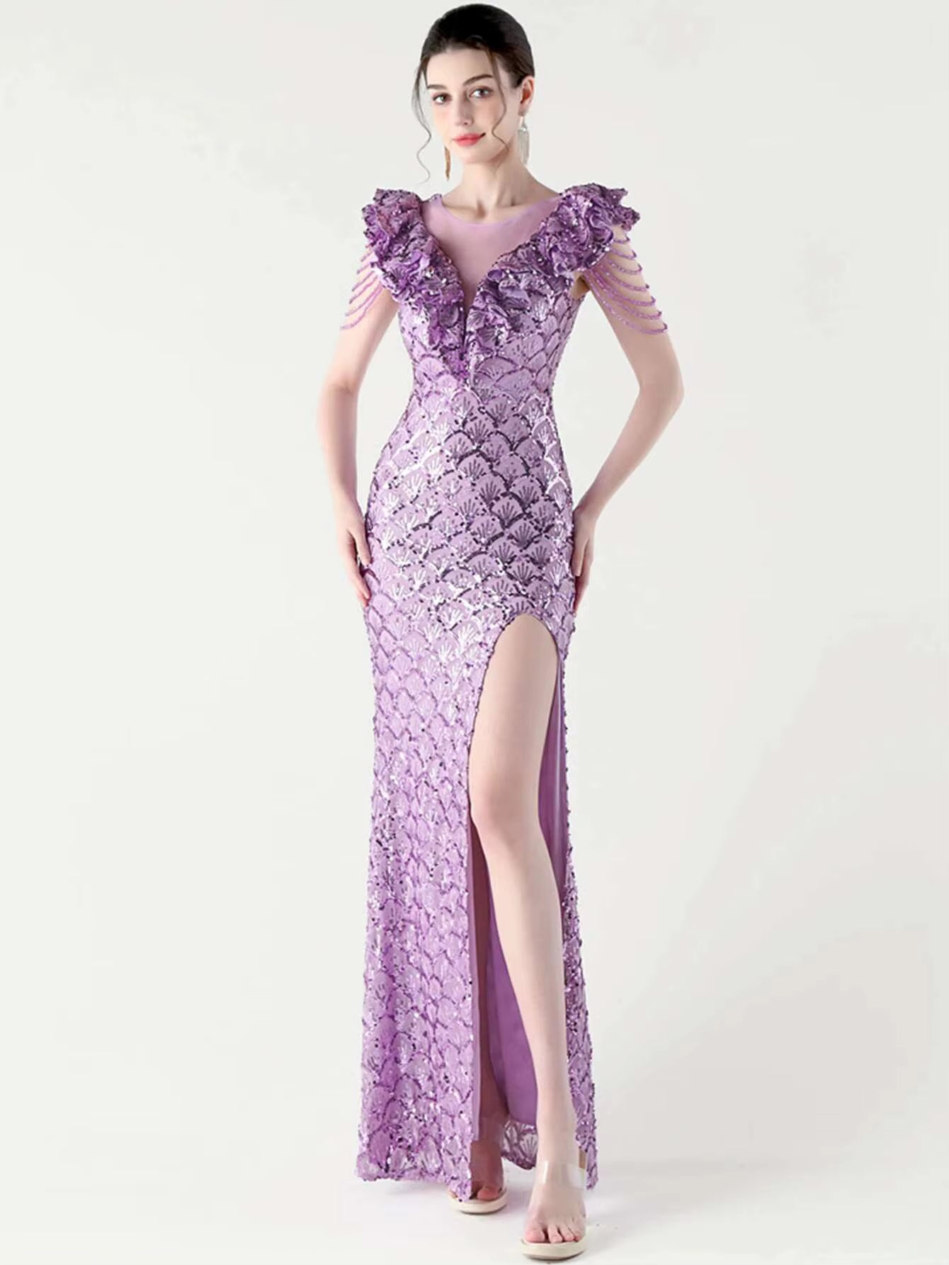 Luxury Solid Backless V-Neck Sequin zipper Party sleeveless Long Maxi Dresses