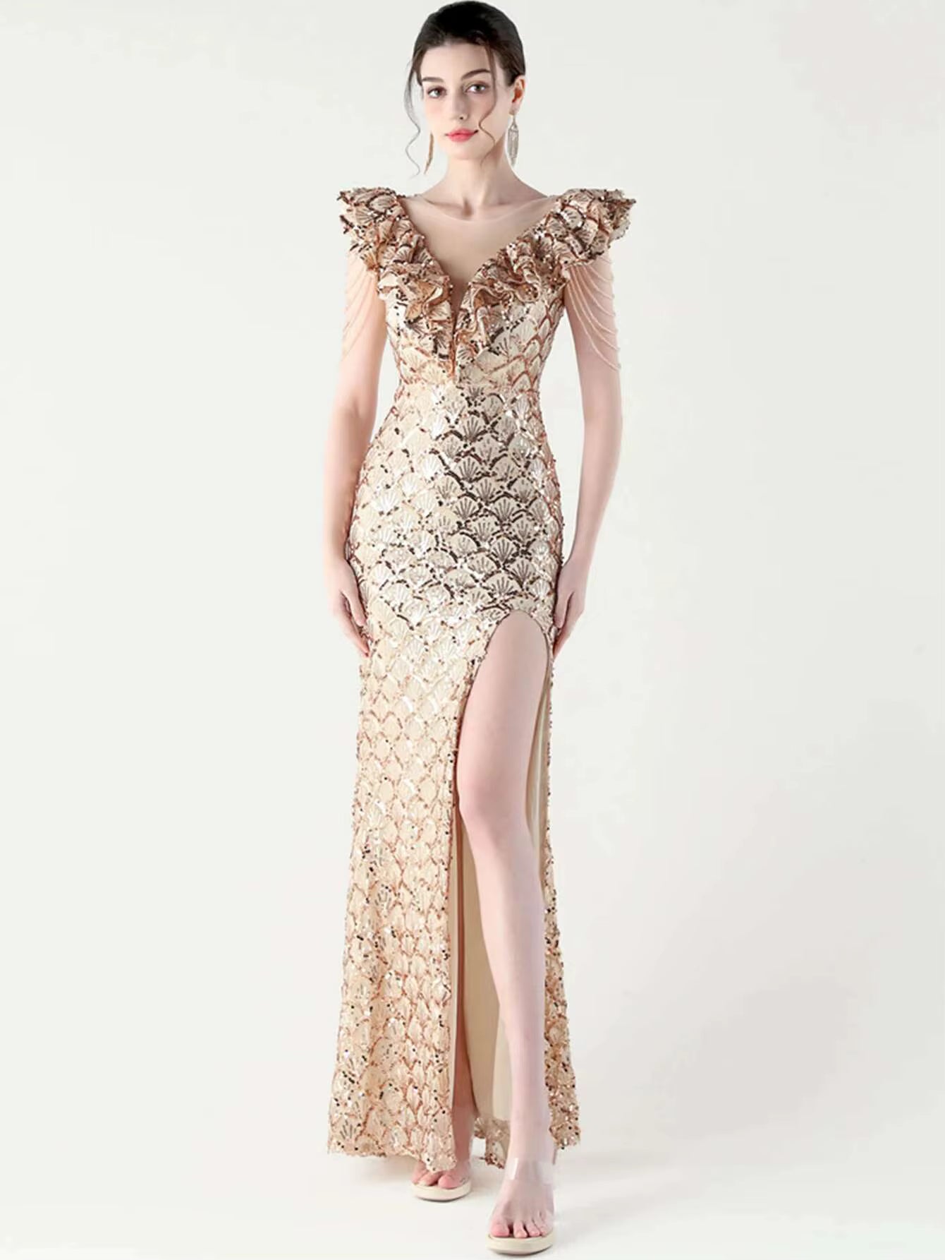 Luxury Solid Backless V-Neck Sequin zipper Party sleeveless Long Maxi Dresses