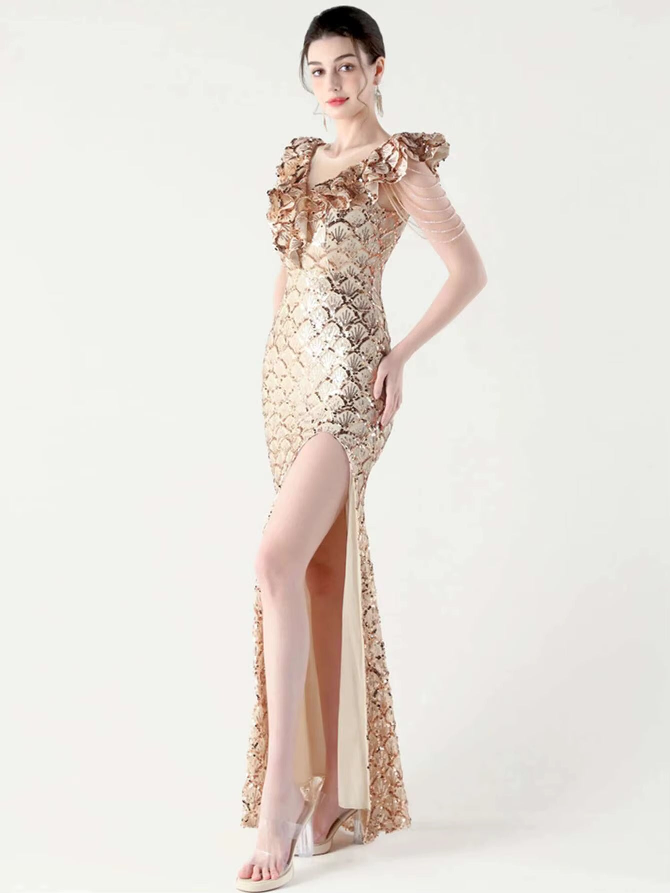 Luxury Solid Backless V-Neck Sequin zipper Party sleeveless Long Maxi Dresses