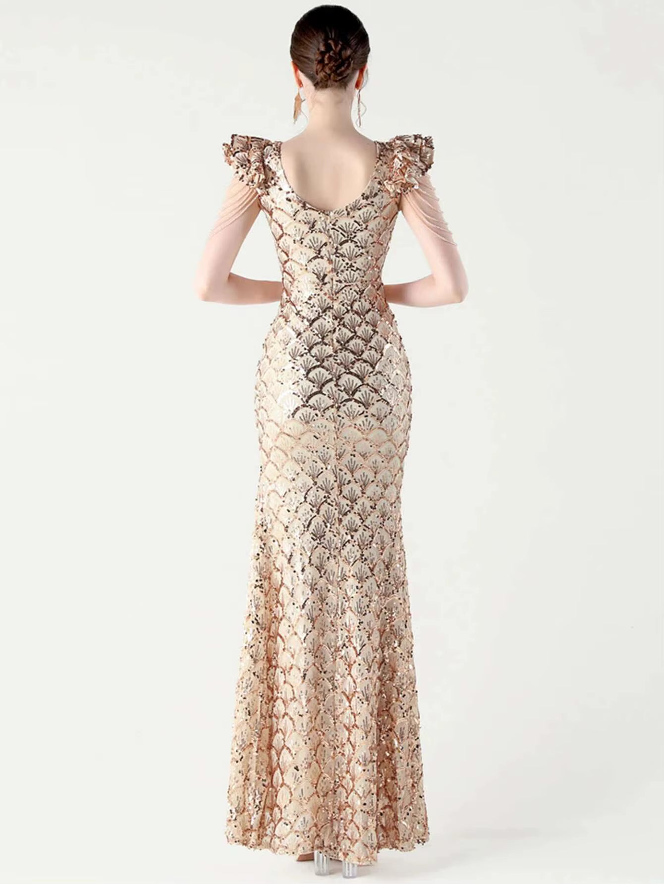 Luxury Solid Backless V-Neck Sequin zipper Party sleeveless Long Maxi Dresses
