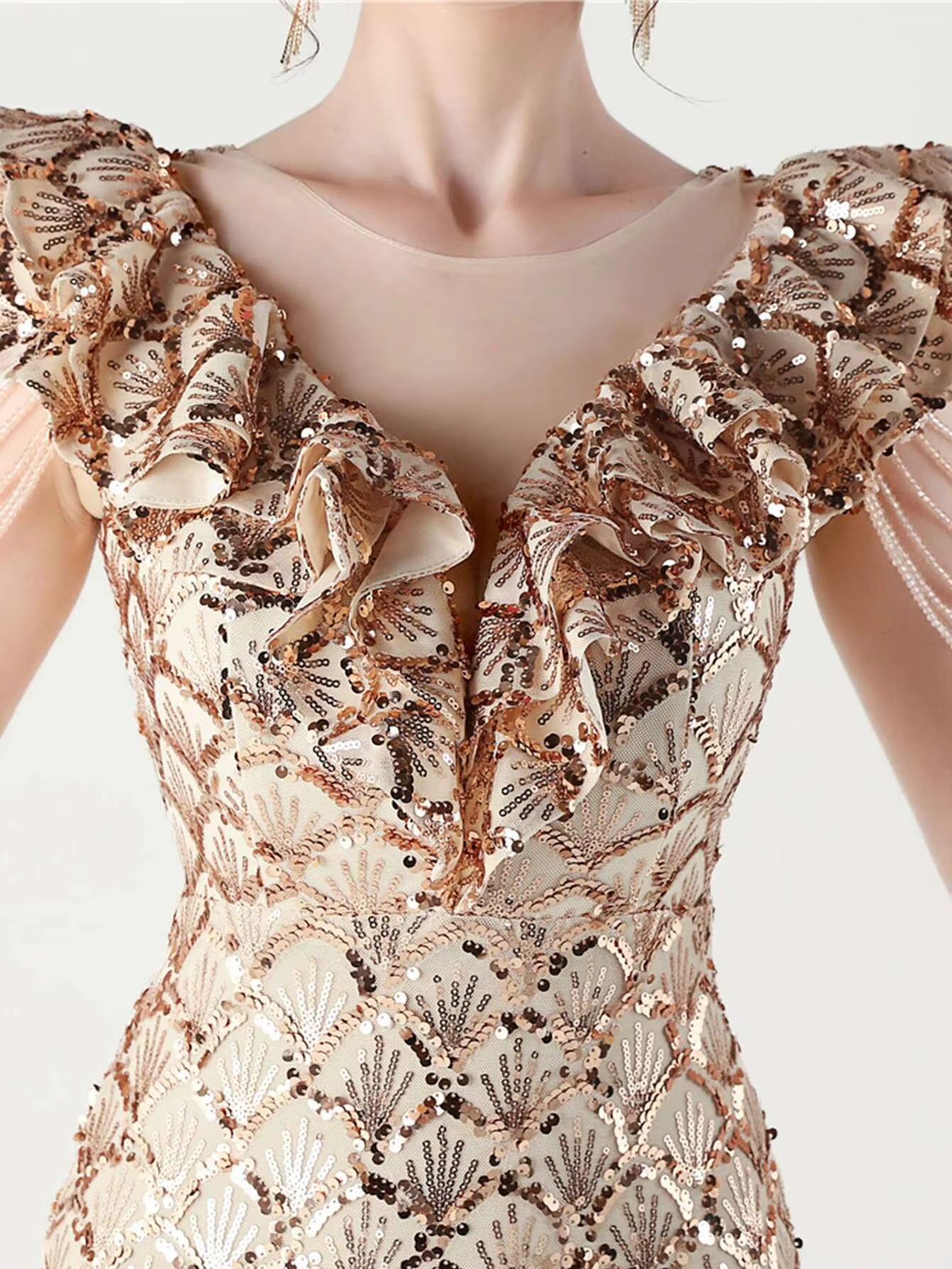 Luxury Solid Backless V-Neck Sequin zipper Party sleeveless Long Maxi Dresses