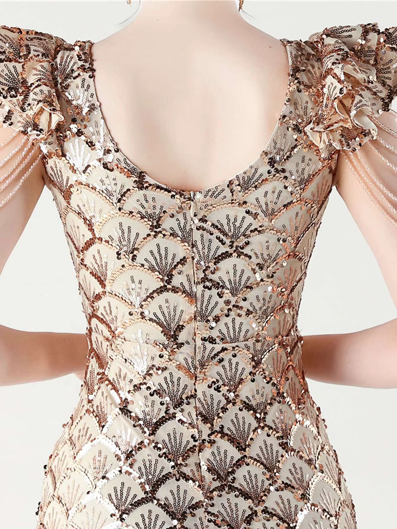 Luxury Solid Backless V-Neck Sequin zipper Party sleeveless Long Maxi Dresses
