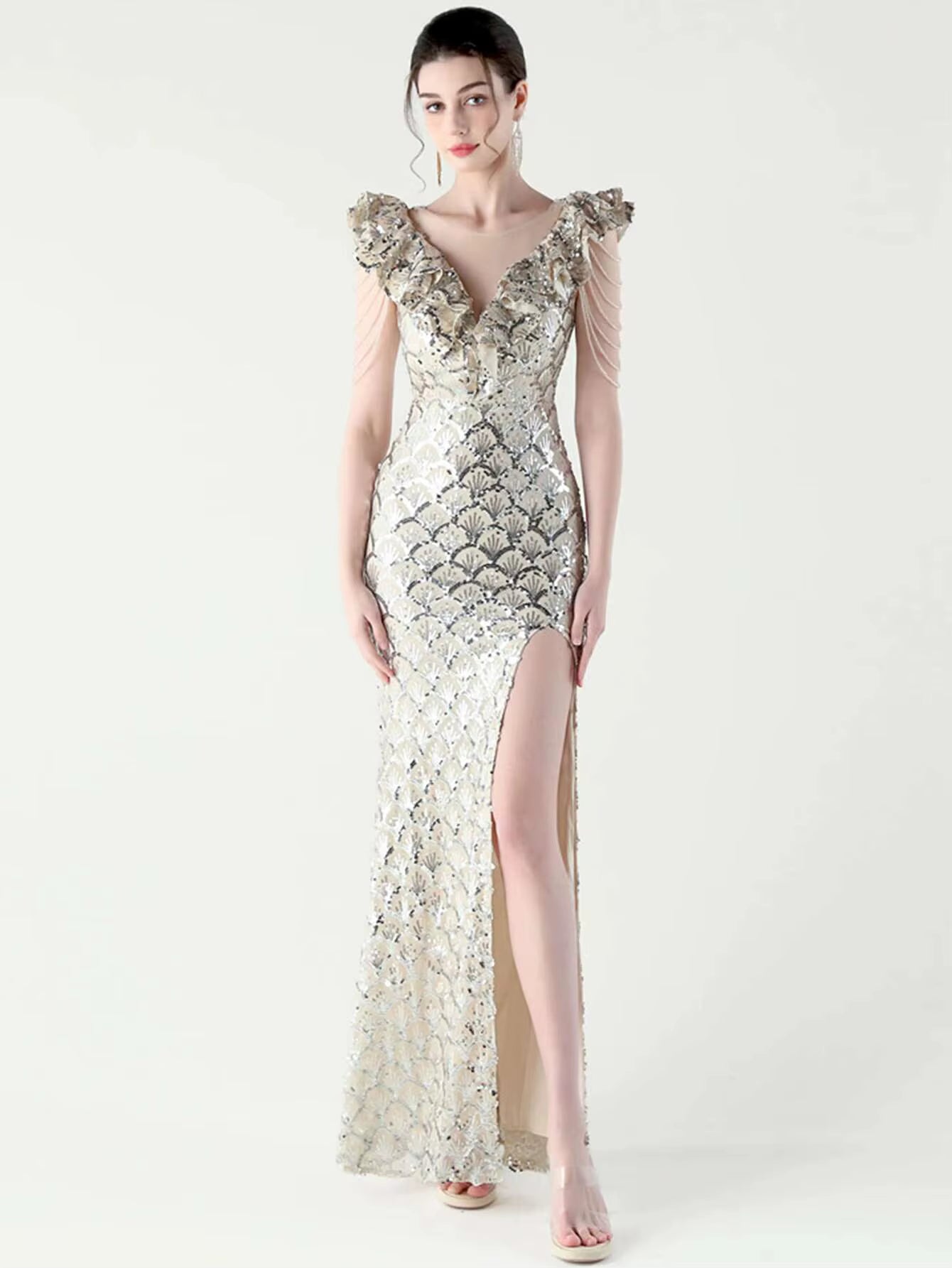 Luxury Solid Backless V-Neck Sequin zipper Party sleeveless Long Maxi Dresses