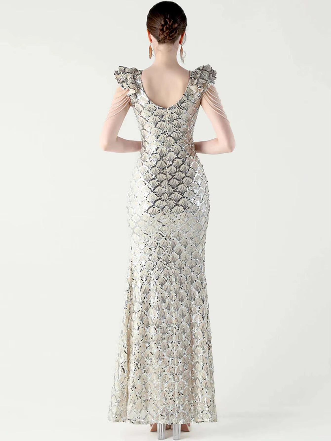 Luxury Solid Backless V-Neck Sequin zipper Party sleeveless Long Maxi Dresses