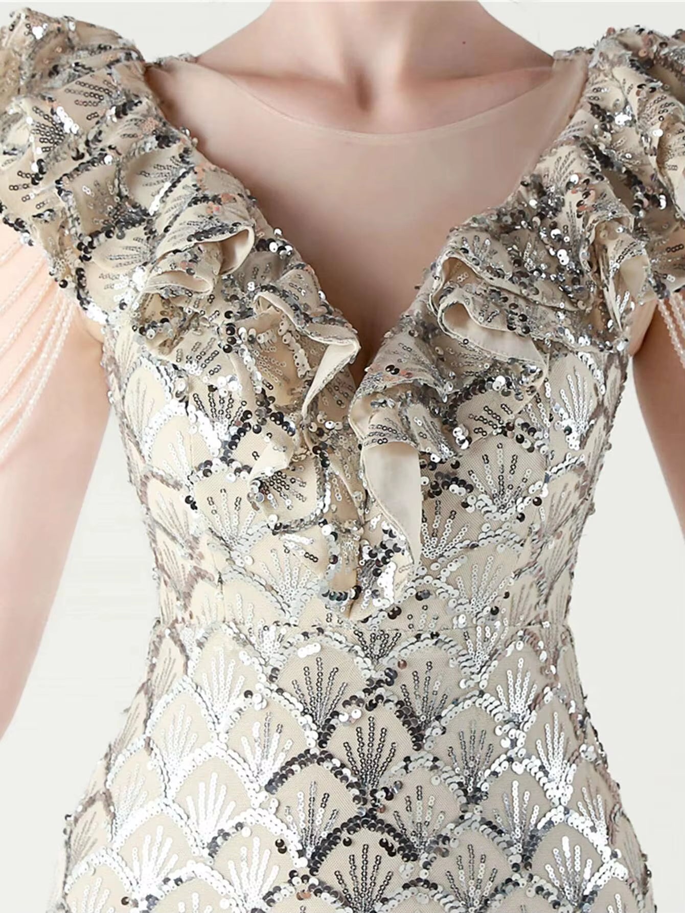 Luxury Solid Backless V-Neck Sequin zipper Party sleeveless Long Maxi Dresses
