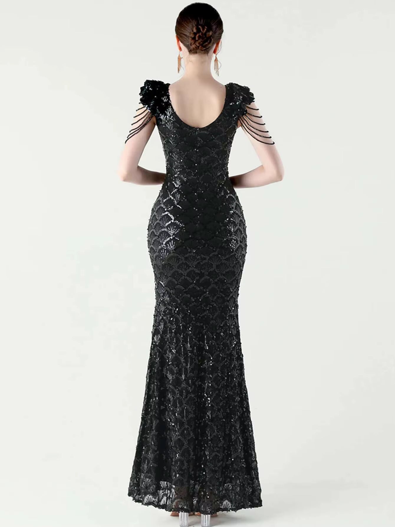 Luxury Solid Backless V-Neck Sequin zipper Party sleeveless Long Maxi Dresses
