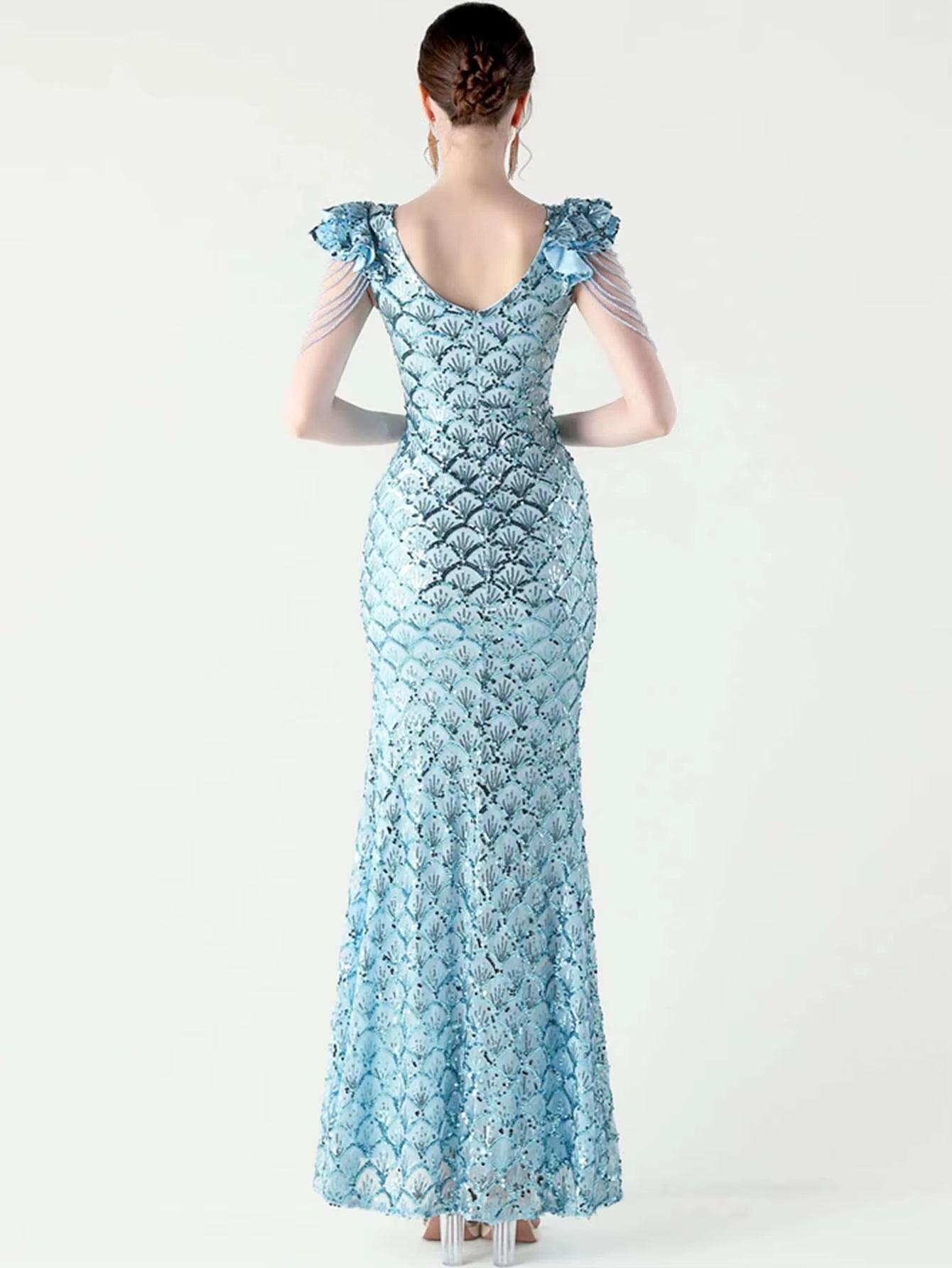 Luxury Solid Backless V-Neck Sequin zipper Party sleeveless Long Maxi Dresses