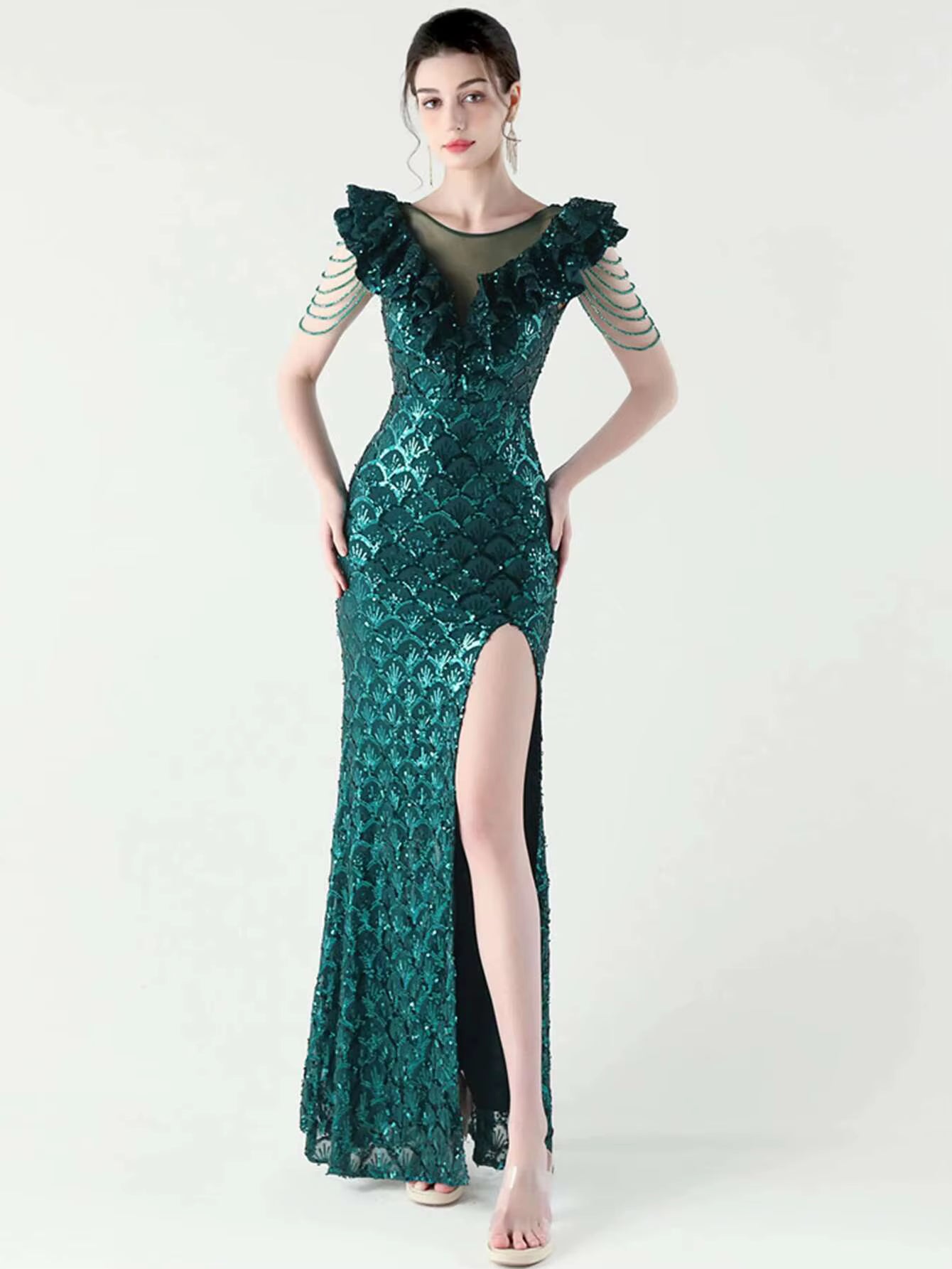 Luxury Solid Backless V-Neck Sequin zipper Party sleeveless Long Maxi Dresses
