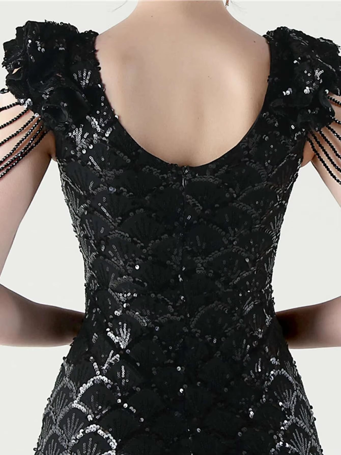 Luxury Solid Backless V-Neck Sequin zipper Party sleeveless Long Maxi Dresses
