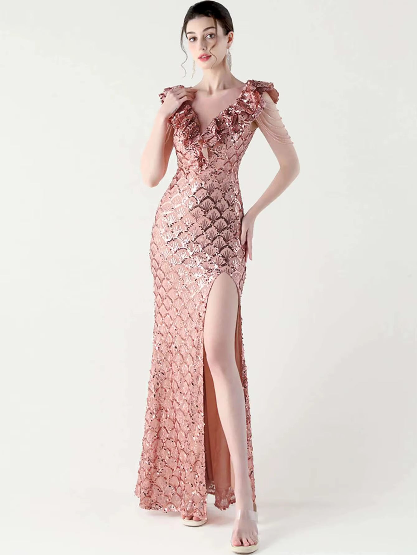 Luxury Solid Backless V-Neck Sequin zipper Party sleeveless Long Maxi Dresses