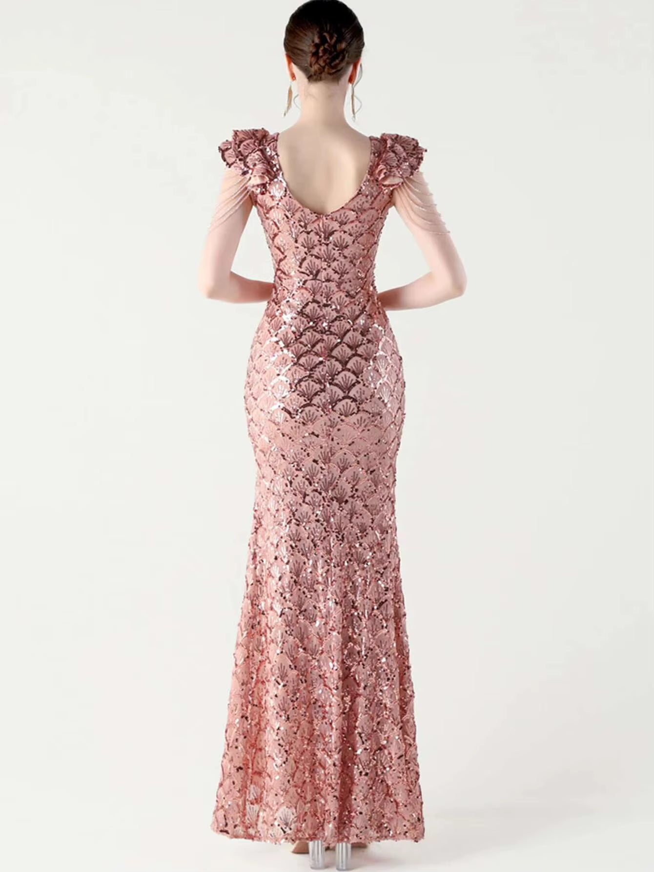 Luxury Solid Backless V-Neck Sequin zipper Party sleeveless Long Maxi Dresses