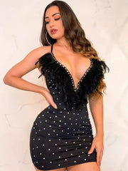 Elegant Luxury Deep V-neck Diamonds Birthday Party Bodycon Mini Dress
