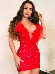 Elegant Luxury Deep V-neck Diamonds Birthday Party Bodycon Mini Dress