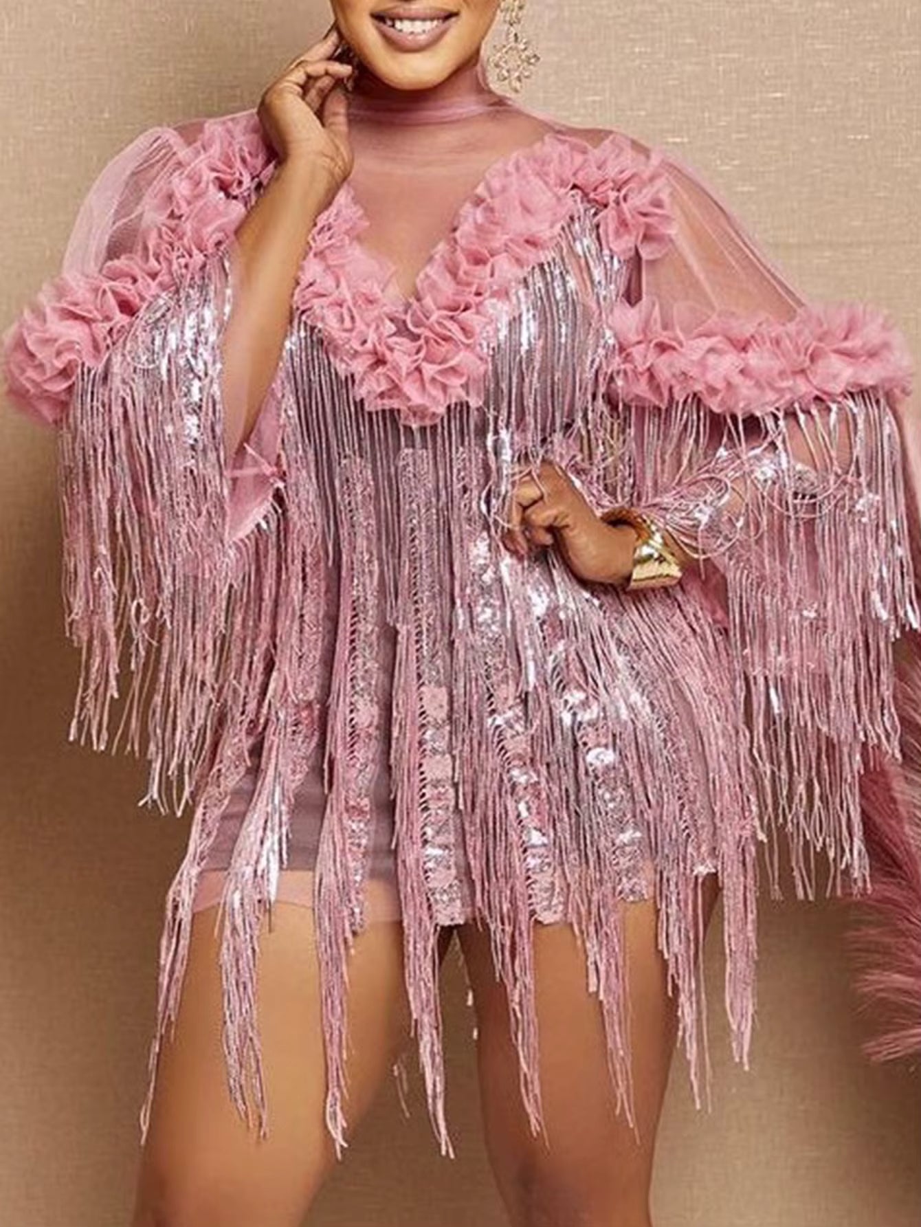 Elegant Luxury Empire Sequin Tassel Bodycon Mini Dress