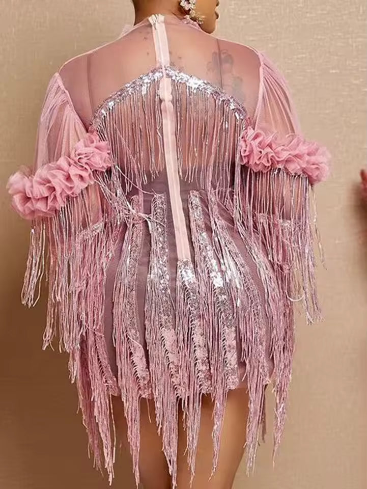 Elegant Luxury Empire Sequin Tassel Bodycon Mini Dress