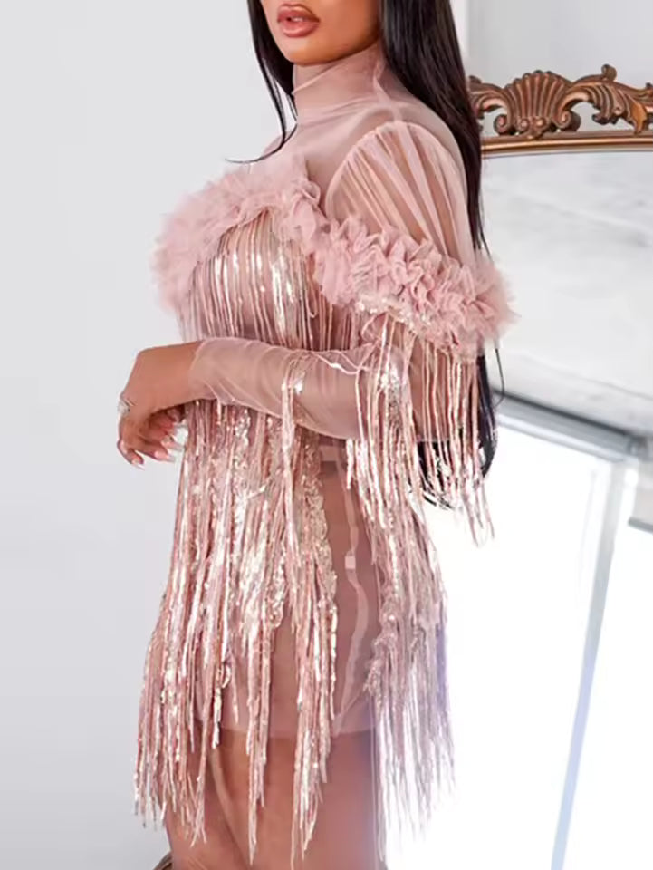 Elegant Luxury Empire Sequin Tassel Bodycon Mini Dress