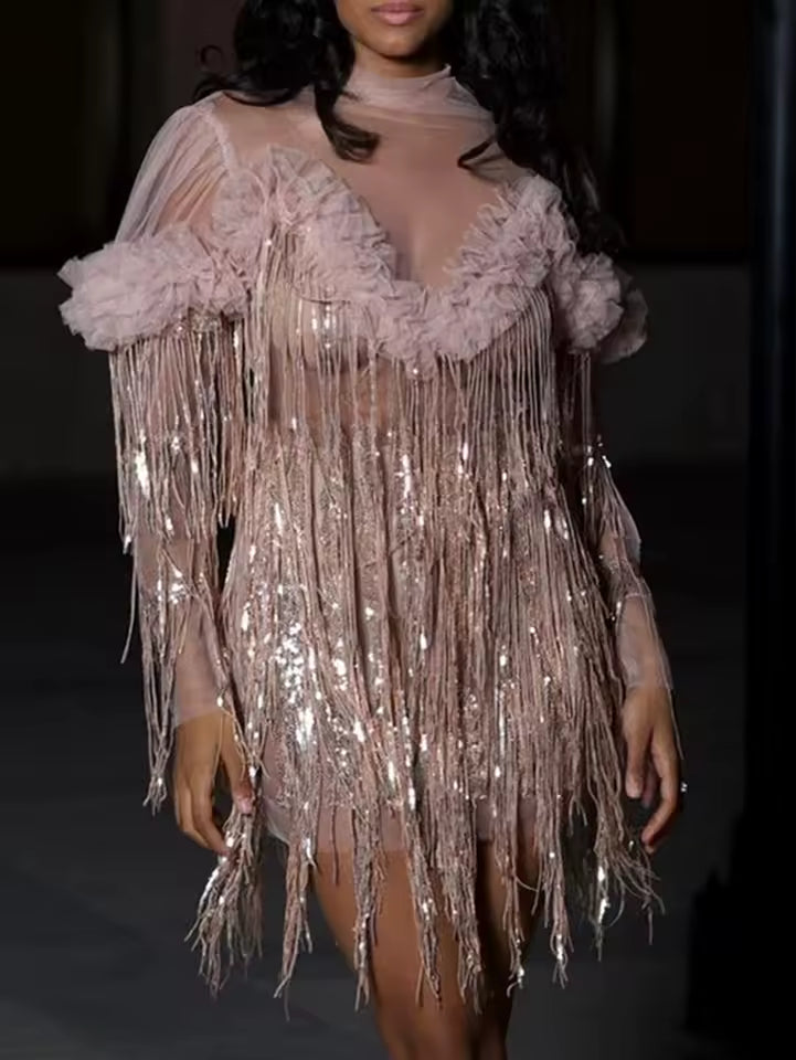 Elegant Luxury Empire Sequin Tassel Bodycon Mini Dress