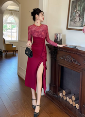 Elegant Luxury Evening Lace Sheer O-Neck Skinny Party Prom Long Dresses