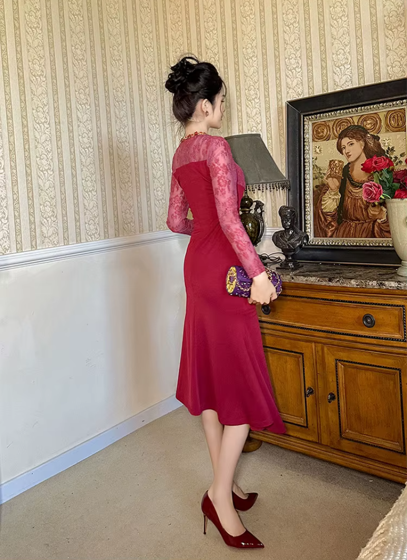 Elegant Luxury Evening Lace Sheer O-Neck Skinny Party Prom Long Dresses