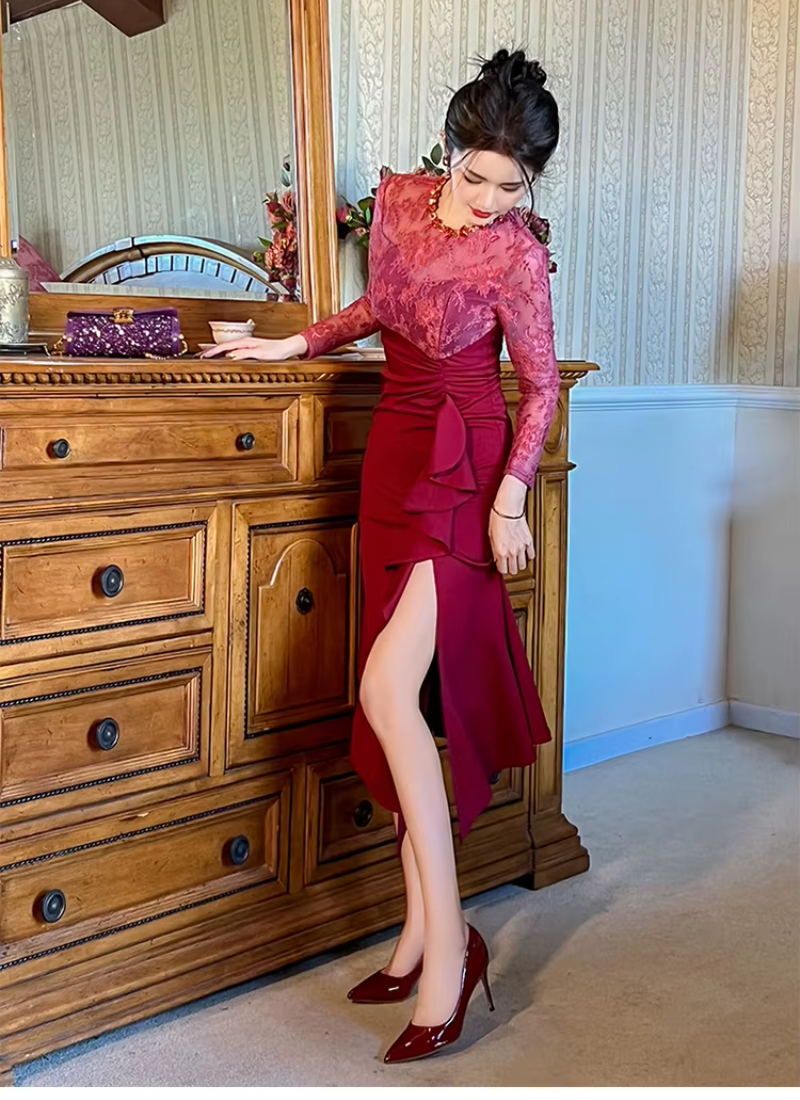 Elegant Luxury Evening Lace Sheer O-Neck Skinny Party Prom Long Dresses