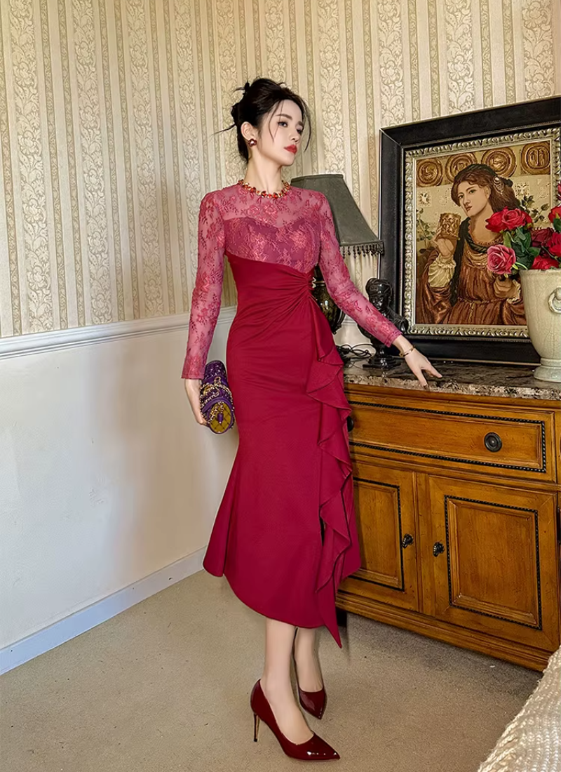 Elegant Luxury Evening Lace Sheer O-Neck Skinny Party Prom Long Dresses