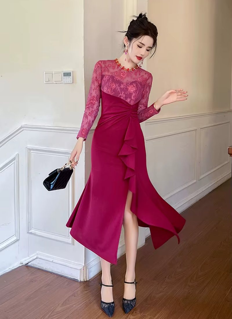 Elegant Luxury Evening Lace Sheer O-Neck Skinny Party Prom Long Dresses
