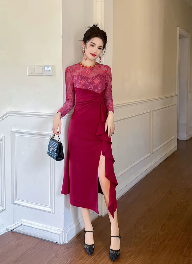 Elegant Luxury Evening Lace Sheer O-Neck Skinny Party Prom Long Dresses