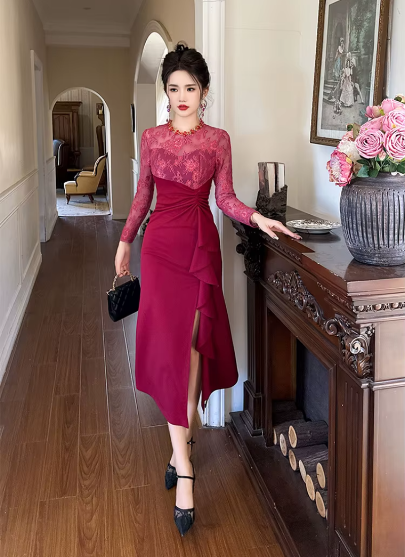 Elegant Luxury Evening Lace Sheer O-Neck Skinny Party Prom Long Dresses