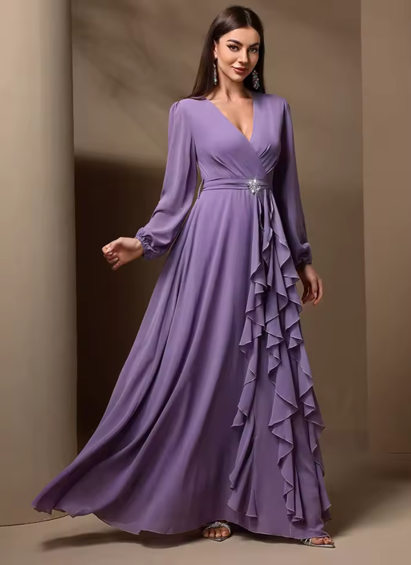Elegant Luxury Formal Draped Ruffle with Rhinestone Décor Long Sleeve Party Maxi Dresses