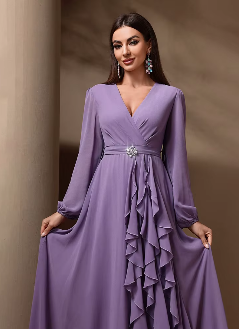 Elegant Luxury Formal Draped Ruffle with Rhinestone Décor Long Sleeve Party Maxi Dresses